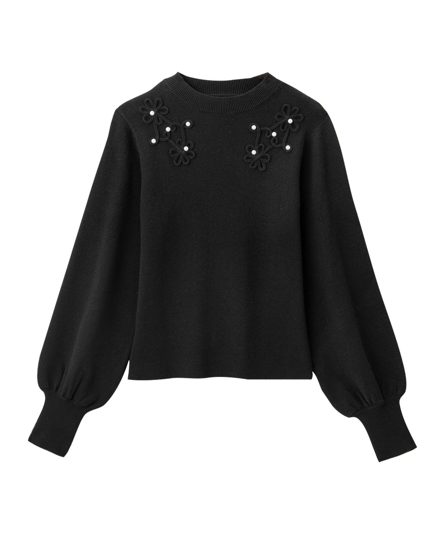 フラワーモチーフパフ袖ニット ブラック