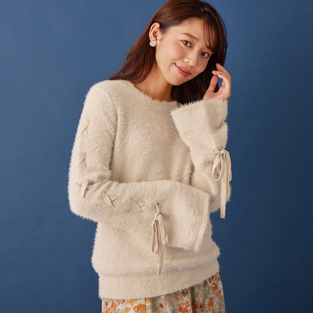 アロッタ Alotta レースアップフレアー袖シャギーニット （ライトベージュ） ライトベージュ