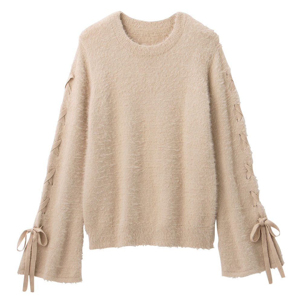 アロッタ Alotta レースアップフレアー袖シャギーニット （ライトベージュ） ライトベージュ