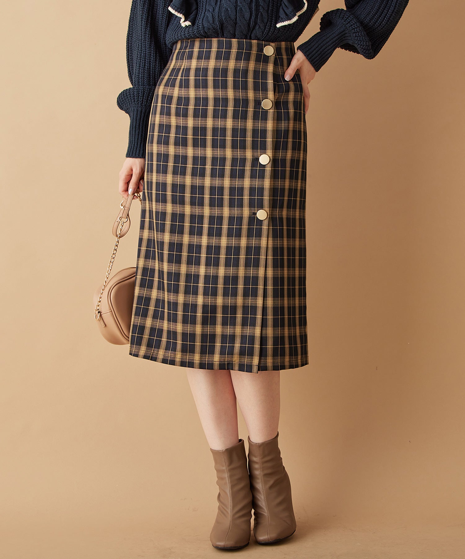 アロッタ Alotta ラップデザインチェック柄タイトスカート （ネイビー系） ネイビー系