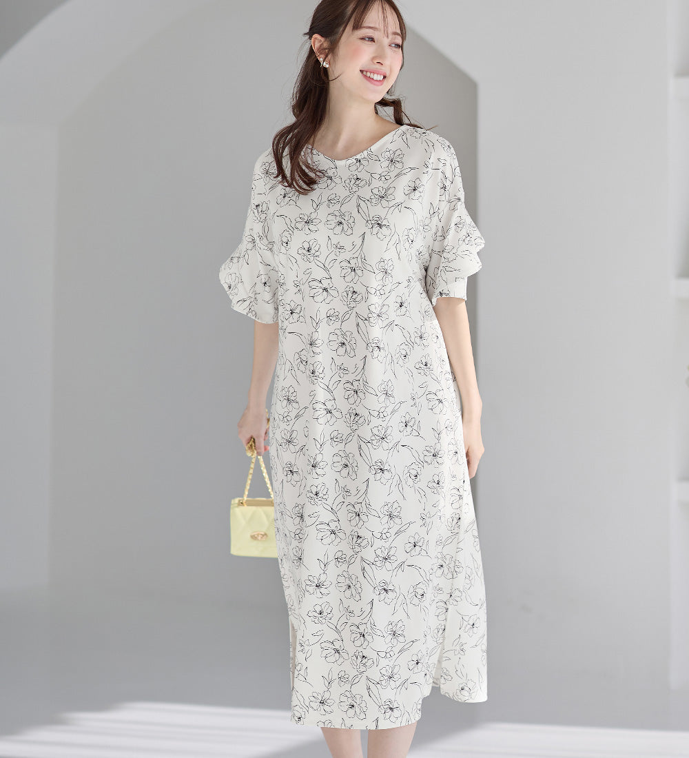 アロッタ Alotta 【4つの機能付】フリル袖Tシャツワンピース （ホワイト系花柄） ホワイト系花柄