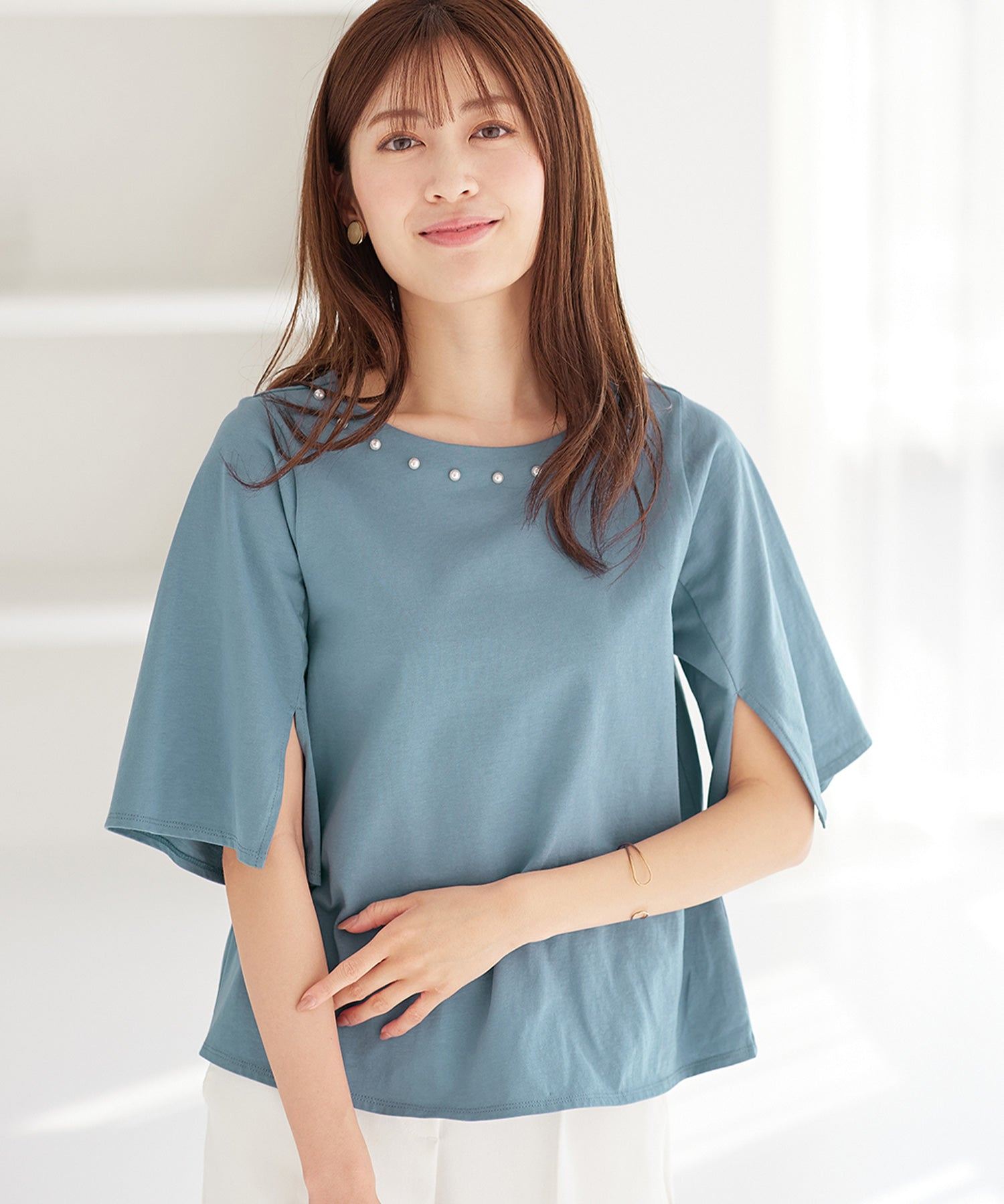 さらひやりコットンパール調デザインＴシャツ,ブルー