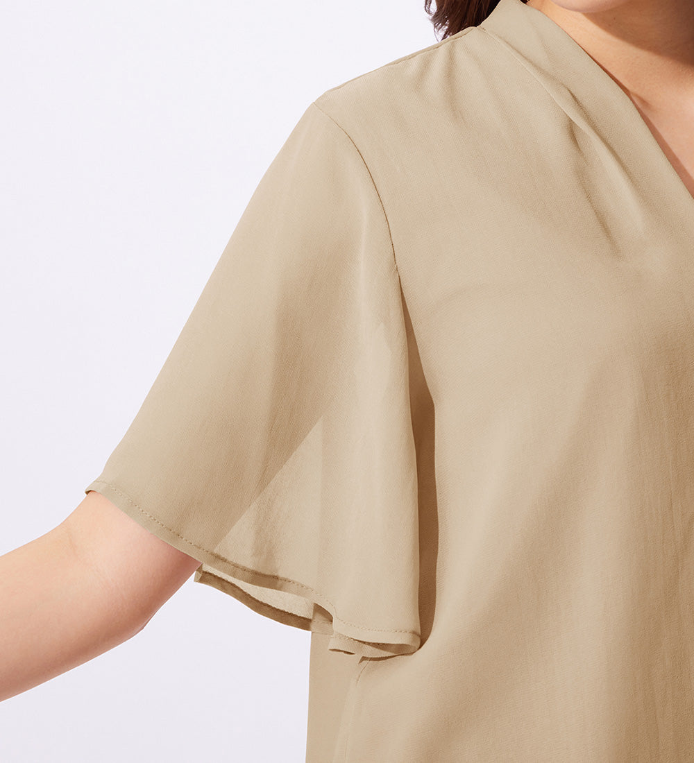 【接触冷感】インナー付スキッパーブラウス グレージュ