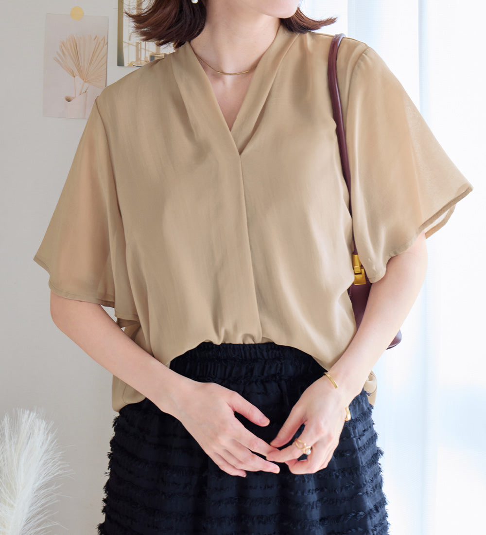 【接触冷感】インナー付スキッパーブラウス グレージュ