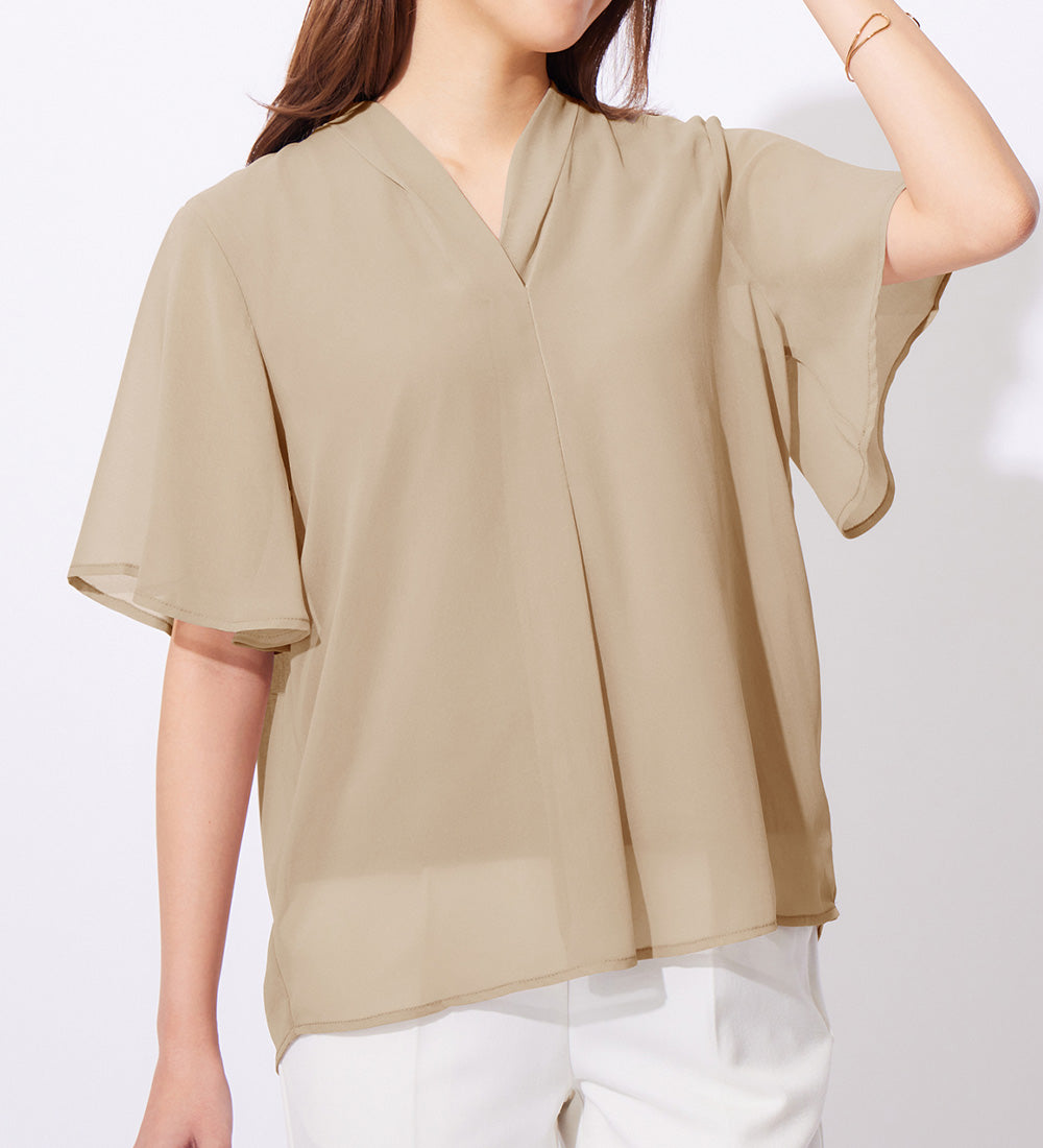 【接触冷感】インナー付スキッパーブラウス グレージュ