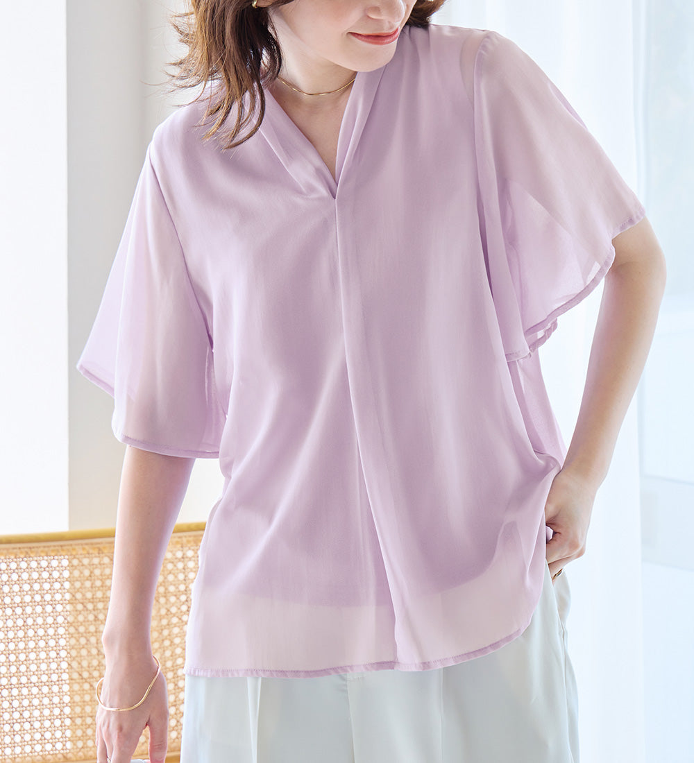 【接触冷感】インナー付スキッパーブラウス ラベンダー