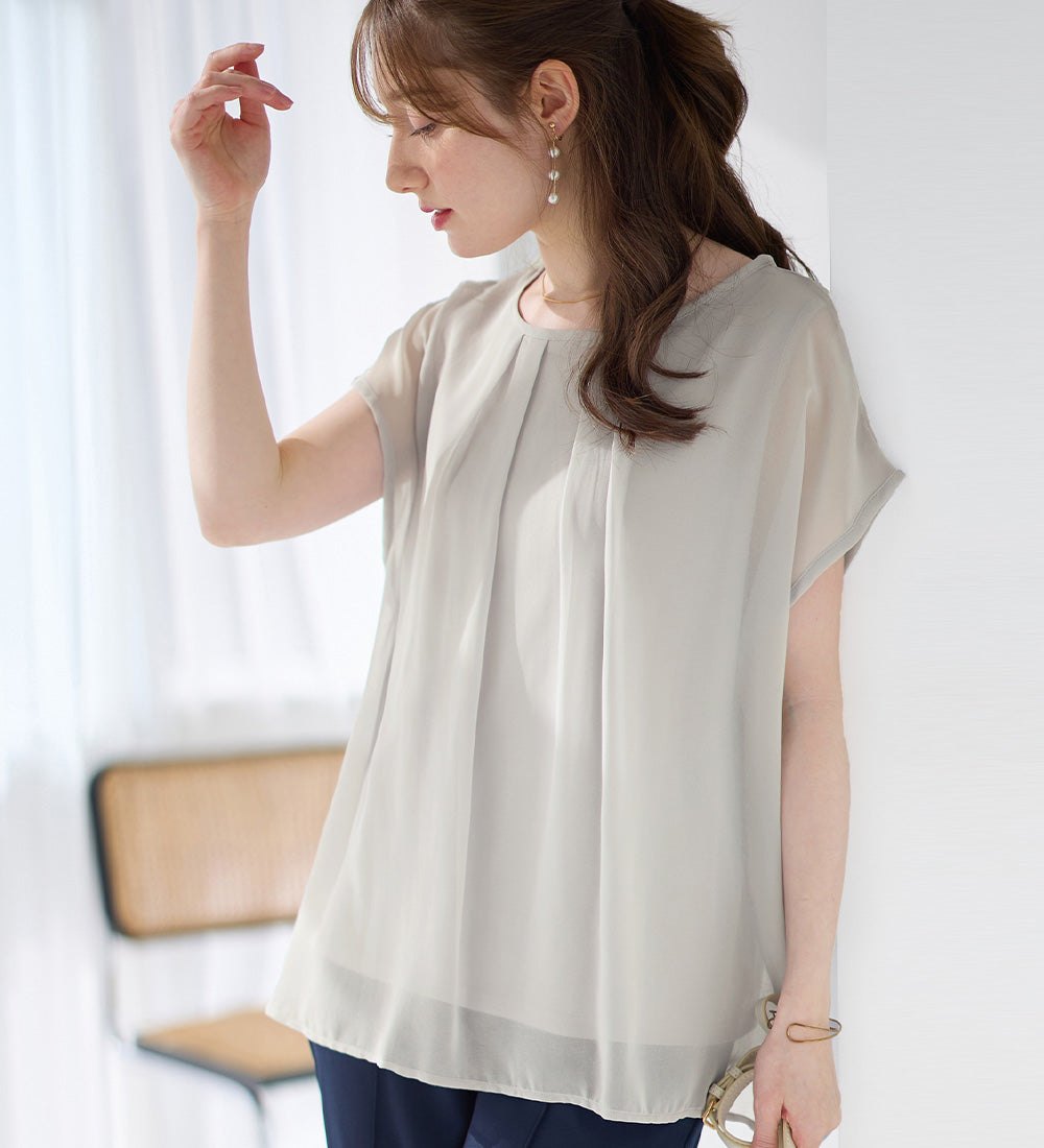 【接触冷感】機能付インナーシフォンブラウス ライトグレー