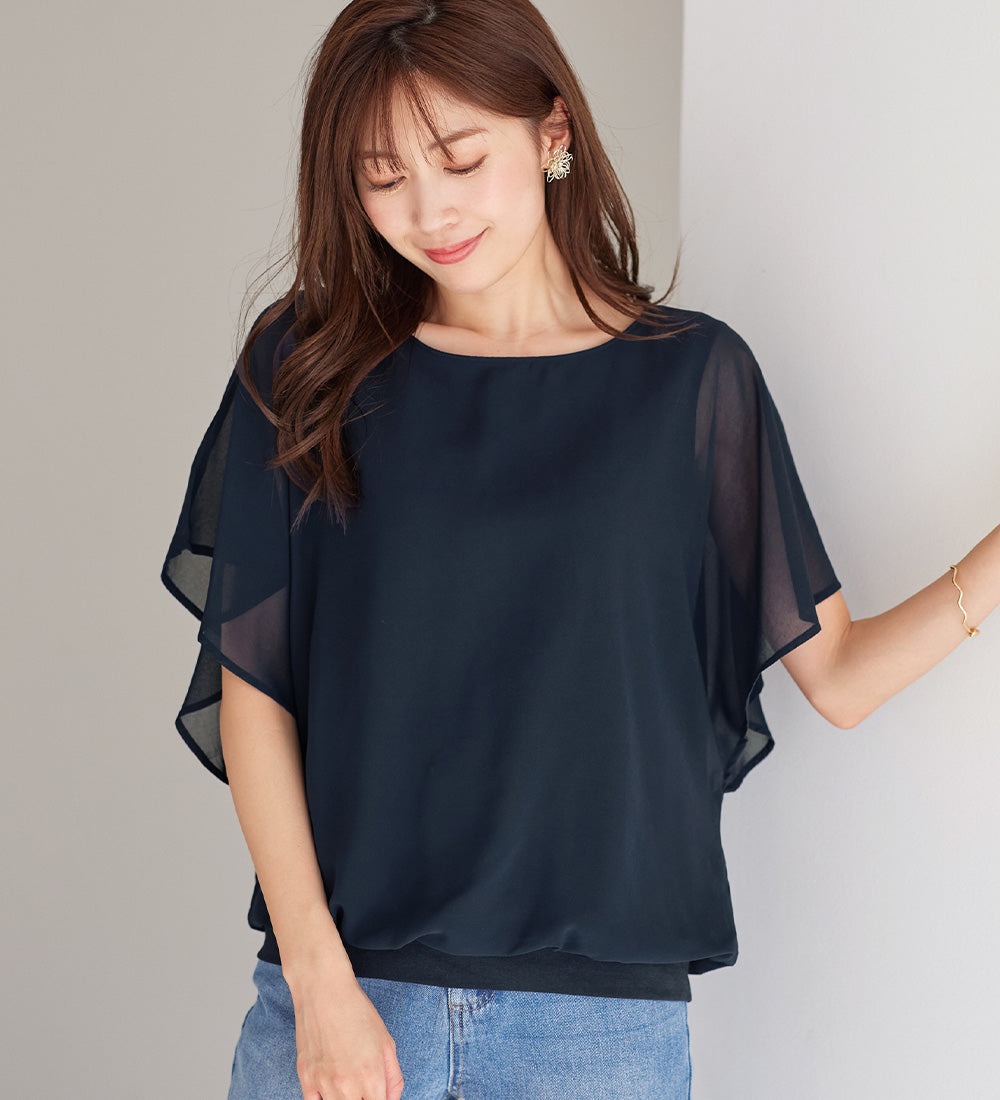 【接触冷感】カットソー裏地付ドルマンブラウス ネイビー