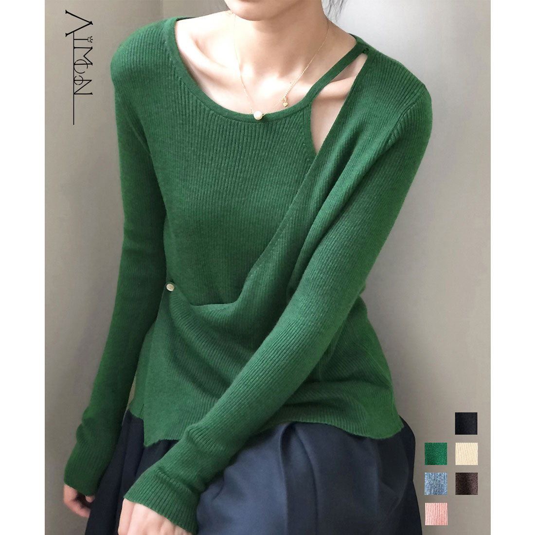 リブニットトップス カシュクール風 韓国 くすみピンク
