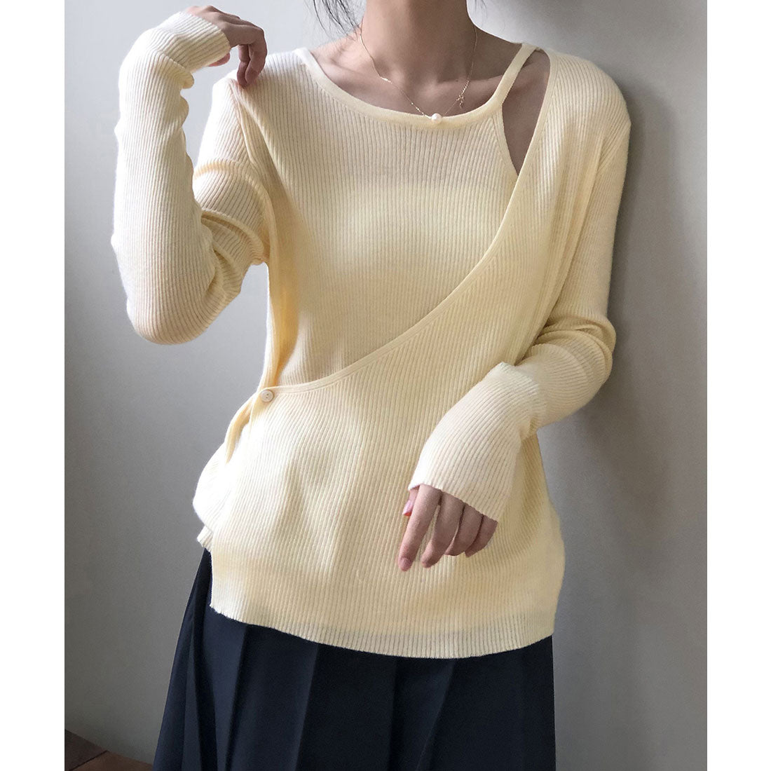 リブニットトップス カシュクール風 韓国 くすみピンク