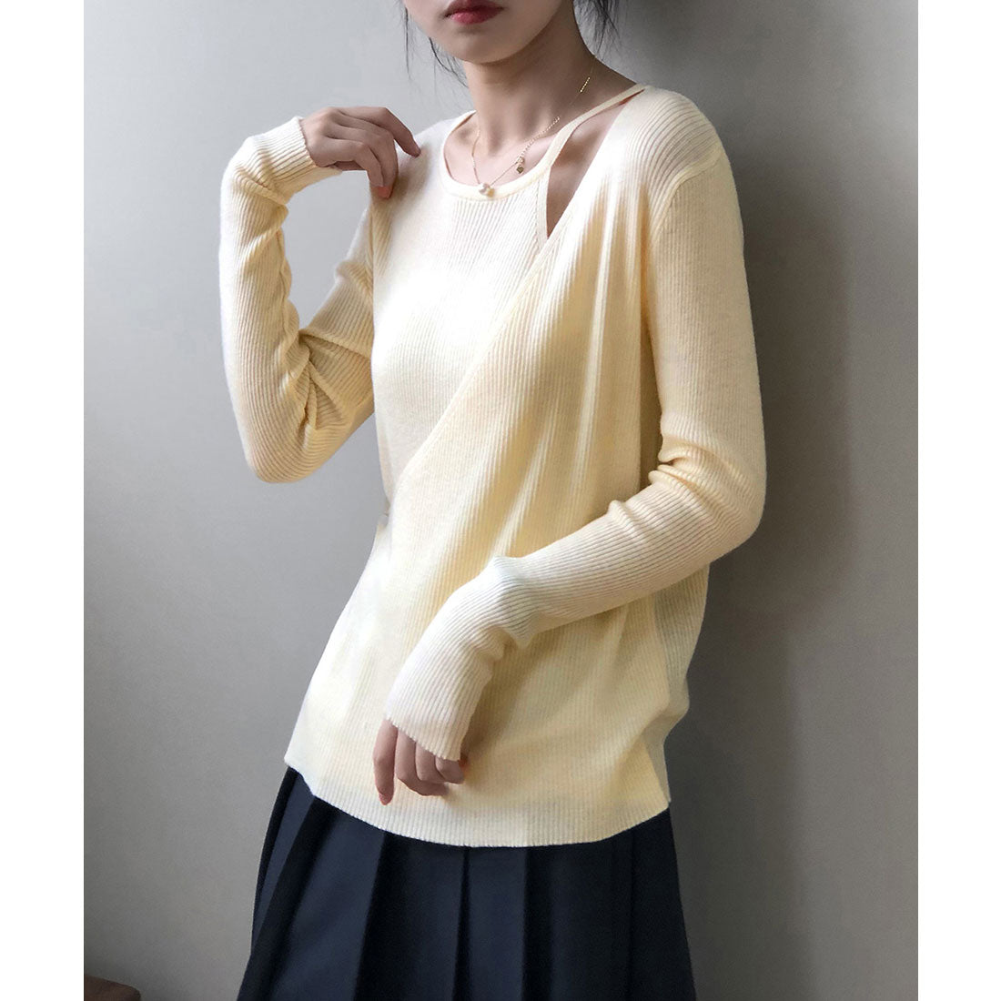 リブニットトップス カシュクール風 韓国 くすみピンク
