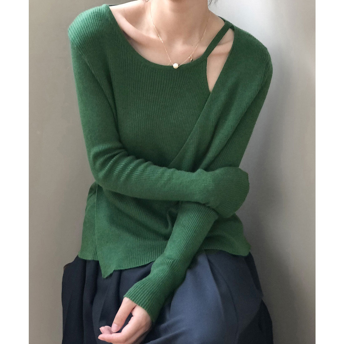 リブニットトップス カシュクール風 韓国 くすみピンク