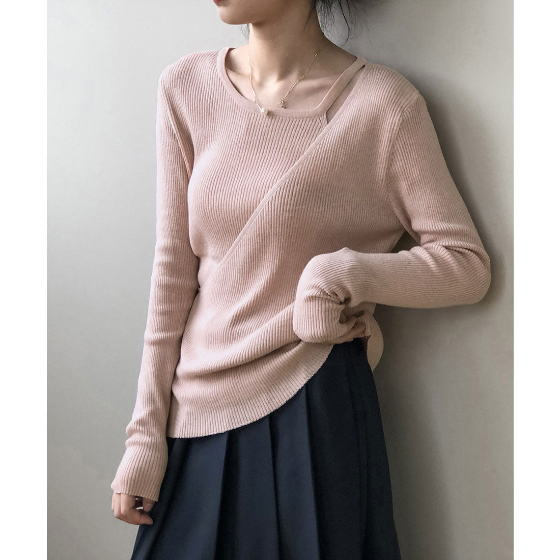 リブニットトップス カシュクール風 韓国 くすみピンク