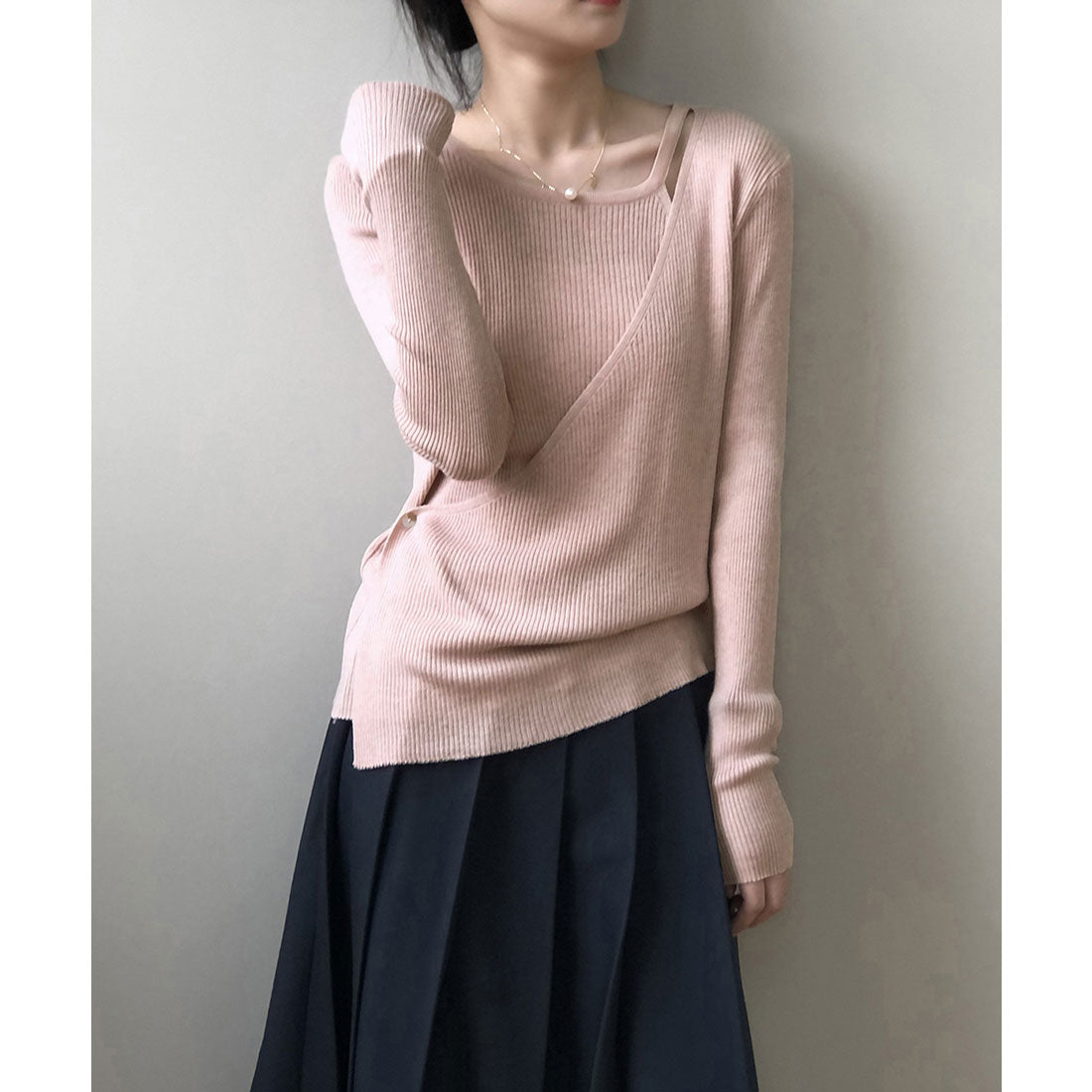リブニットトップス カシュクール風 韓国 くすみピンク