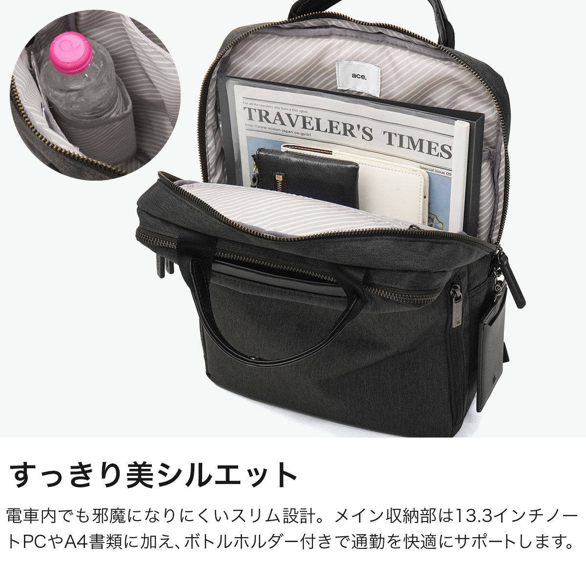 エース ace. 正規品5年保証 リュック ビジネスリュック レディース 軽量 軽い 通勤 きれいめ おしゃれ 大人 ブランド PC A4 12L 女性 ACE 抗菌 スクエア フィッテム ヘザー 20111 wsb （グレー） グレー