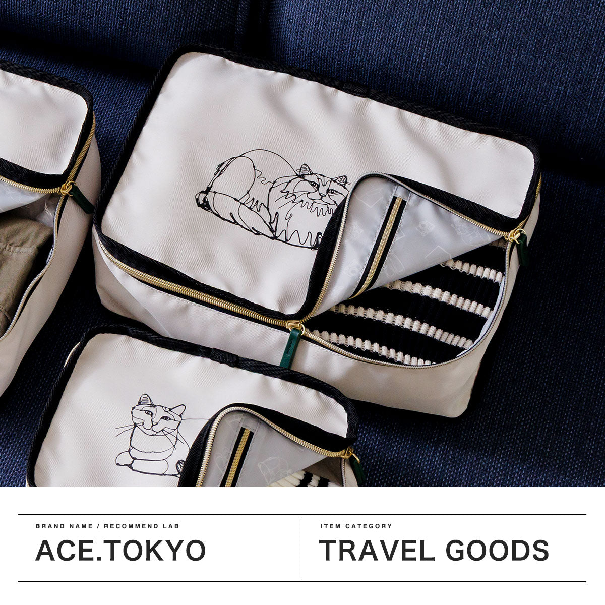 エーストーキョー ace.TOKYO 正規品5年保証 ポーチ 大きめ レディース メンズ 旅行 可愛い ブランド マチ付き おしゃれ パッキング トラベルポーチ Mサイズ 猫 HAyU×ace. HAyU パッキングポーチM 17822 （アイボリー） アイボリー