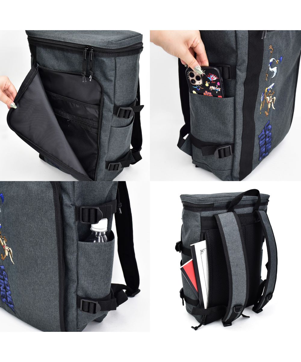 ランナー RUNNER ルーニーテューンズ リュック ボックス型 スクエア 大容量 20L a4 背面ファスナー ポケットたくさん 黒 刺繍 大人 レディース メンズ 女子 男子 女の