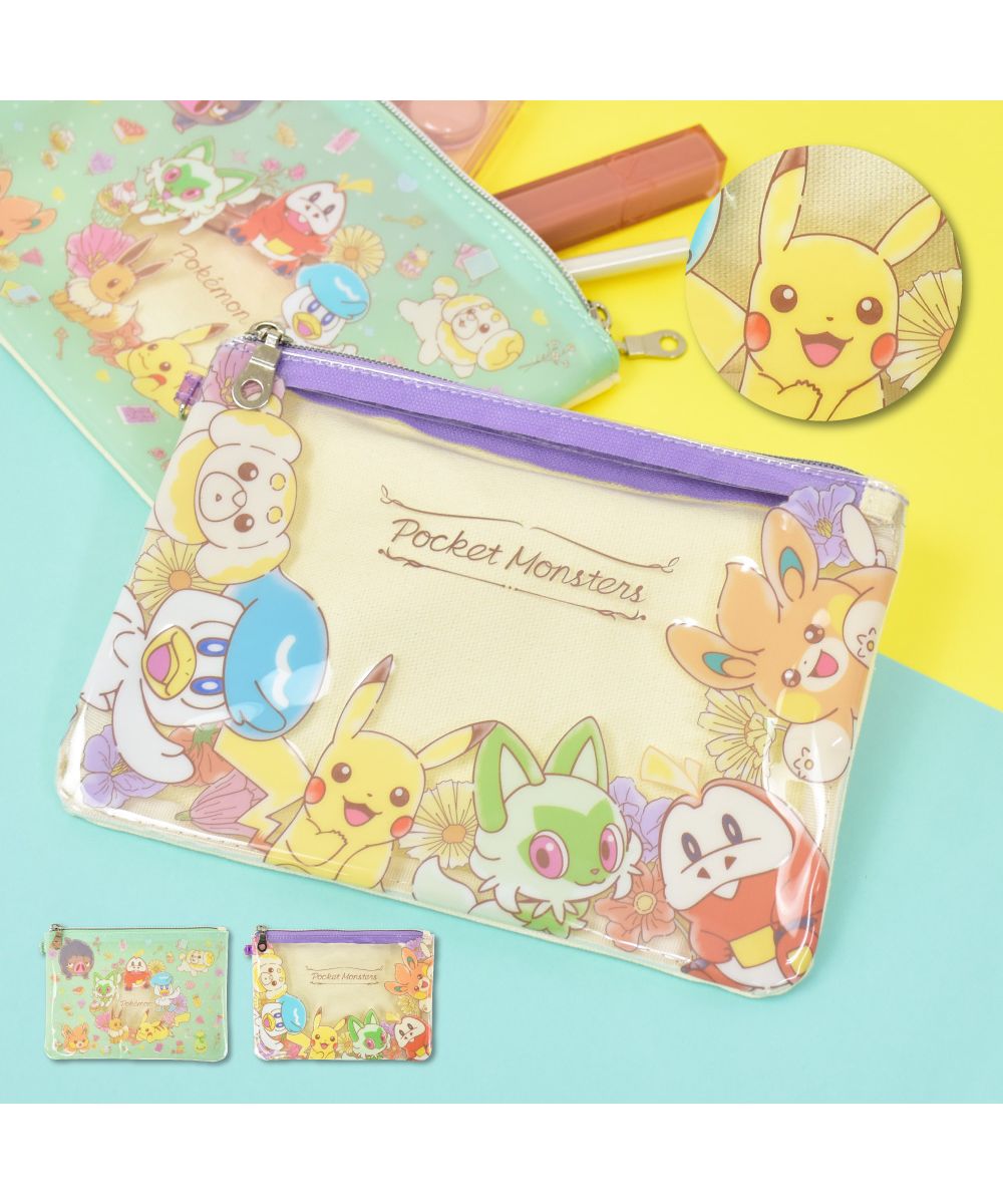 ランナー RUNNER ポケットモンスター ポケモン フラットポーチ 窓付き 大きめ 平ポーチ コンパクト 小物入れ 化粧ポーチ 文具 透明 クリア 帆布 ピカチュウ レディース メン （グリーン(PKM-827)） グリーン(PKM-827)