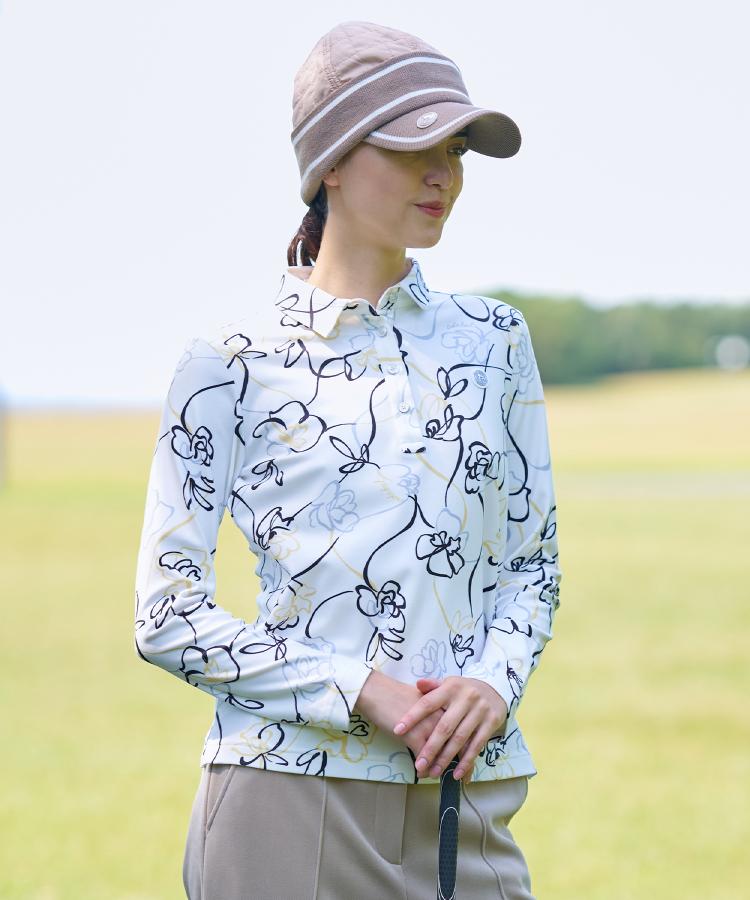 アダバット adabat 裏起毛ドローイングフラワー長袖ポロシャツ （ブラック(119)） ブラック(119)