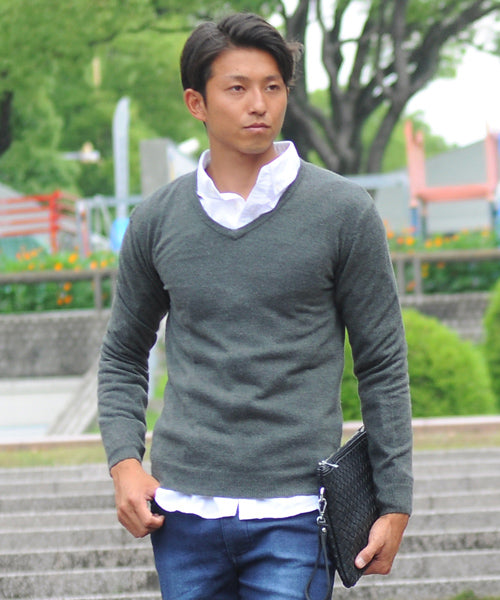 スペイド SPADE ニットknitメンズMen's無地カットソーカシミアタッチVネックニットソーセーターsweaterスエーターきれいめブラックグレー,チャコール