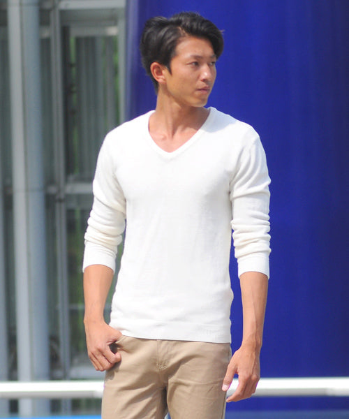 スペイド SPADE ニットknitメンズMen's無地カットソーカシミアタッチVネックニットソーセーターsweaterスエーターきれいめブラックグレー,ホワイト