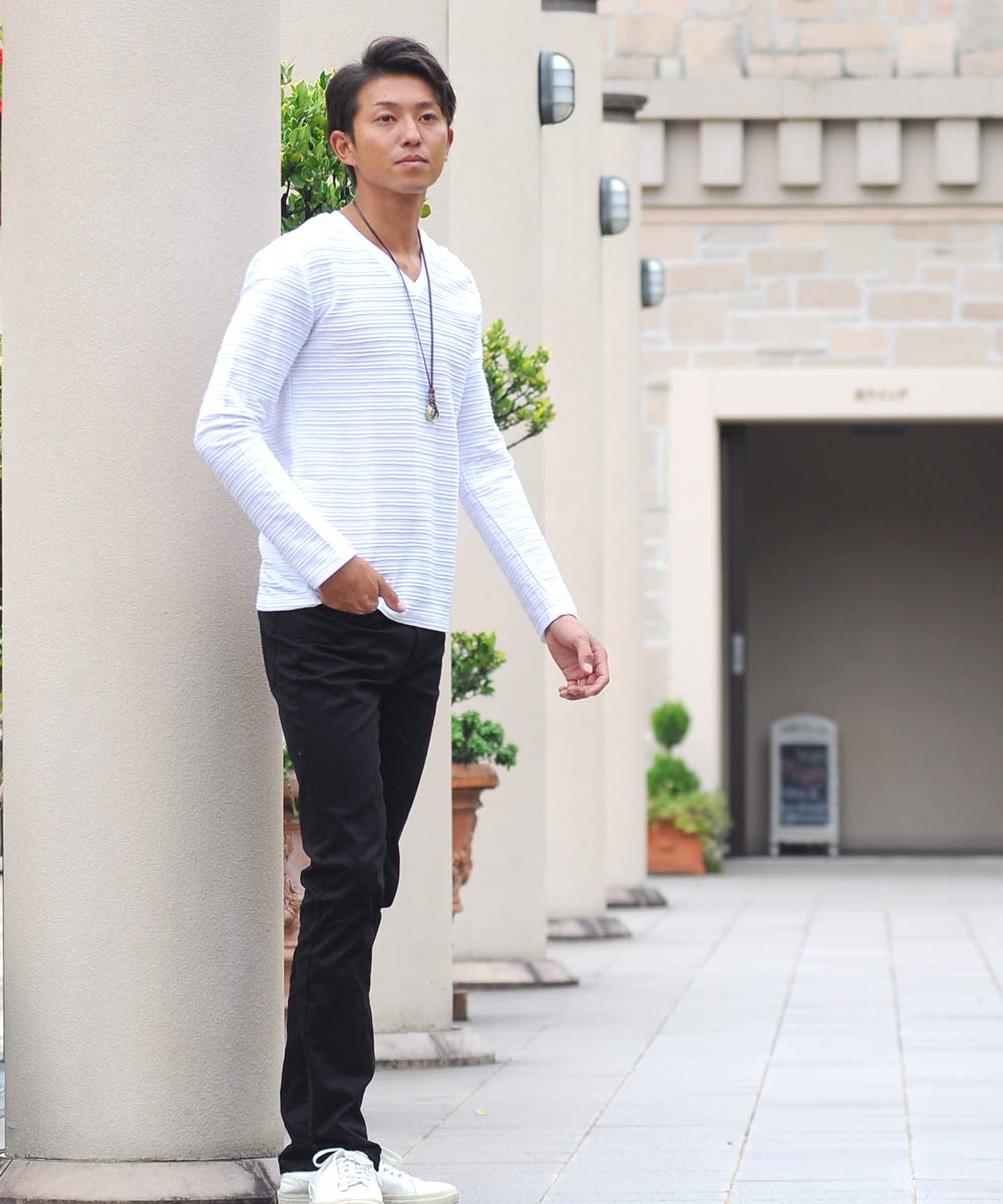 スペイド SPADE Tシャツ ボーダー 長袖 ロングTシャツ Tシャツ ボーダー 長袖 ロングTシャツ タックボーダー 立体 エンボス  メンズ Vネック 白 ホワイト  黒 ワイ