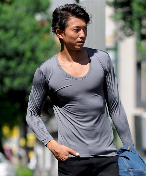 スペイド SPADE あったか 裏起毛2280 カットソー メンズ あったかインナー Tシャツ カットソー Uネック Vネック タートルネック 長袖 インナー ロングTシャツ ティー,Vネック×グレー