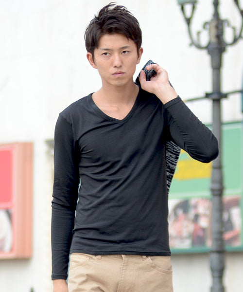 スペイド SPADE あったか 裏起毛2280 カットソー メンズ あったかインナー Tシャツ カットソー Uネック Vネック タートルネック 長袖 インナー ロングTシャツ ティー,Vネック×ブラック