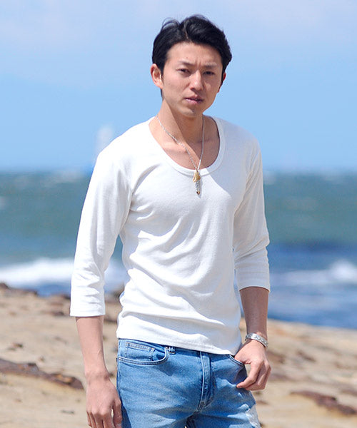 スペイド SPADE Tシャツ 7分袖 七分袖 長袖 メンズ 秋服 秋 選べる4パターン  ティーシャツ  Vネック Uネック ロングTシャツ無地 プレーン きれいめ インナー  学,Uネック×ホワイト