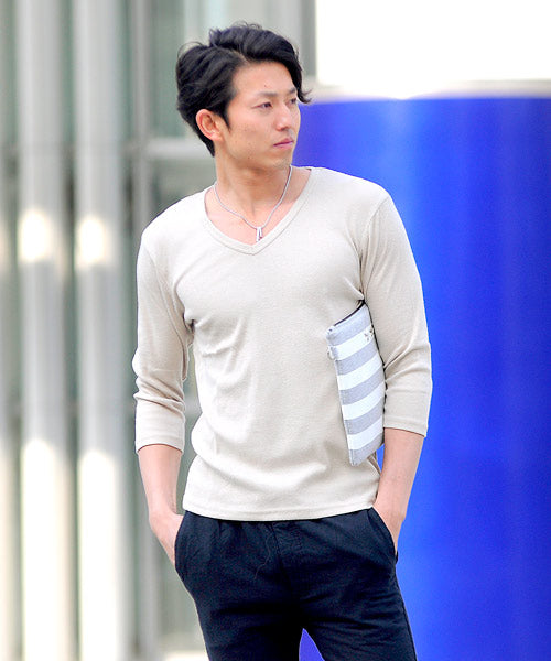 スペイド SPADE Tシャツ 7分袖 七分袖 長袖 メンズ 秋服 秋 選べる4パターン  ティーシャツ  Vネック Uネック ロングTシャツ無地 プレーン きれいめ インナー  学 （Vネック×ベージュ） Vネック×ベージュ