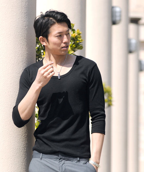 スペイド SPADE Tシャツ 7分袖 七分袖 長袖 メンズ 秋服 秋 選べる4パターン  ティーシャツ  Vネック Uネック ロングTシャツ無地 プレーン きれいめ インナー  学 （Uネック×ブラック） Uネック×ブラック