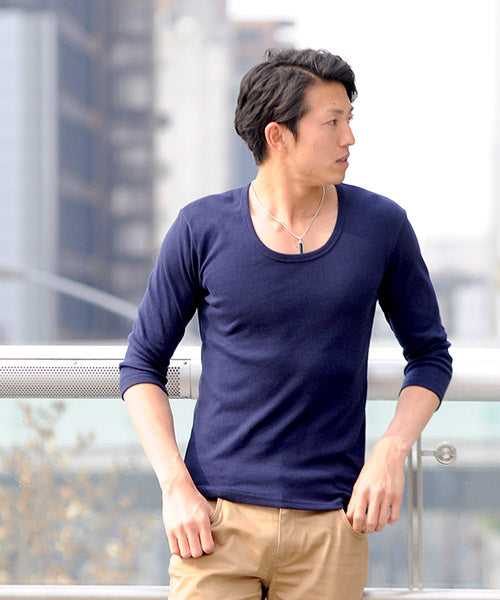 スペイド SPADE Tシャツ 7分袖 七分袖 長袖 メンズ 秋服 秋 選べる4パターン  ティーシャツ  Vネック Uネック ロングTシャツ無地 プレーン きれいめ インナー  学,Uネック×ネイビー