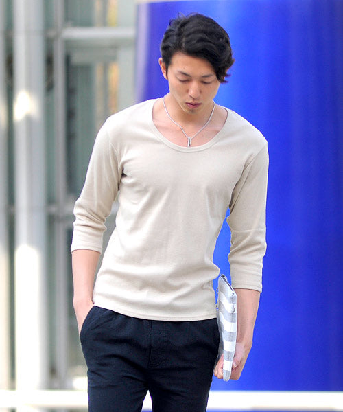 スペイド SPADE Tシャツ 7分袖 七分袖 長袖 メンズ 秋服 秋 選べる4パターン  ティーシャツ  Vネック Uネック ロングTシャツ無地 プレーン きれいめ インナー  学 （Uネック×ベージュ） Uネック×ベージュ