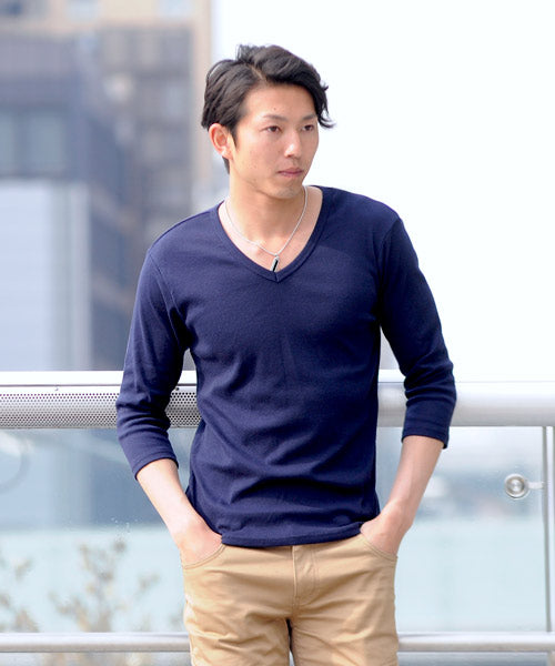 スペイド SPADE Tシャツ 7分袖 七分袖 長袖 メンズ 秋服 秋 選べる4パターン  ティーシャツ  Vネック Uネック ロングTシャツ無地 プレーン きれいめ インナー  学 （Vネック×ネイビー） Vネック×ネイビー