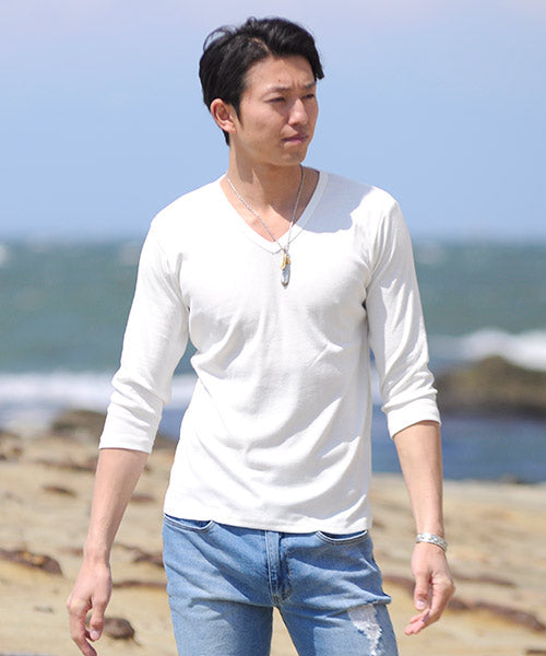 スペイド SPADE Tシャツ 7分袖 七分袖 長袖 メンズ 秋服 秋 選べる4パターン  ティーシャツ  Vネック Uネック ロングTシャツ無地 プレーン きれいめ インナー  学 （Vネック×ホワイト） Vネック×ホワイト
