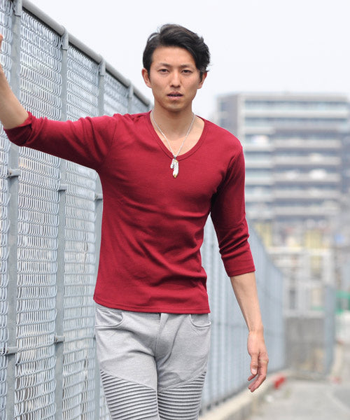 スペイド SPADE Tシャツ 7分袖 七分袖 長袖 メンズ 秋服 秋 選べる4パターン  ティーシャツ  Vネック Uネック ロングTシャツ無地 プレーン きれいめ インナー  学 （Vネック×ワイン） Vネック×ワイン