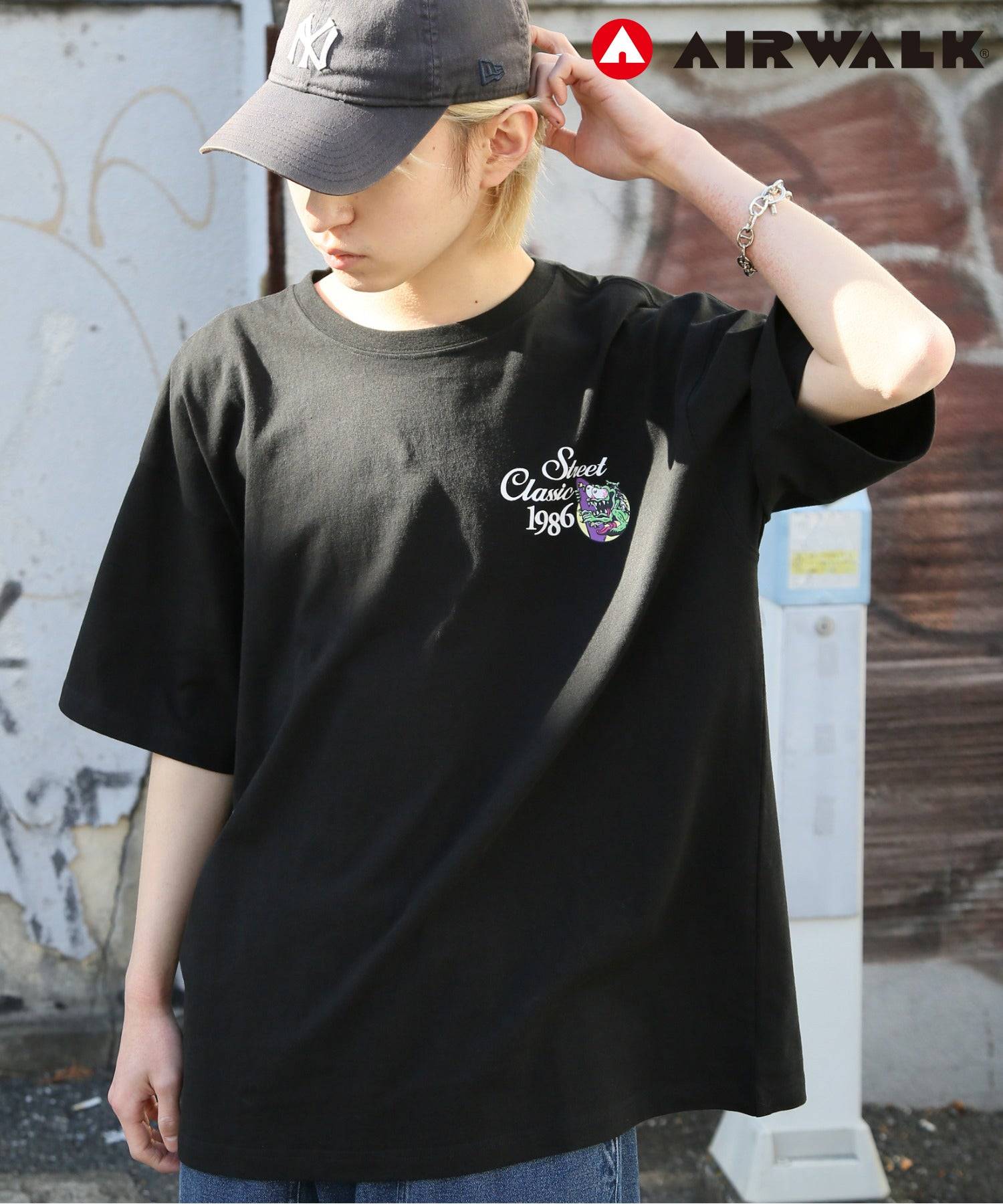 エアウォーク AIRWALK ◎SETUP7別注◎【AIRWALK/エアウォーク】ワンポイント グラフィック 刺繍 Tシャツ 半袖 クルーネック プリントT ユニセックス,ブラック