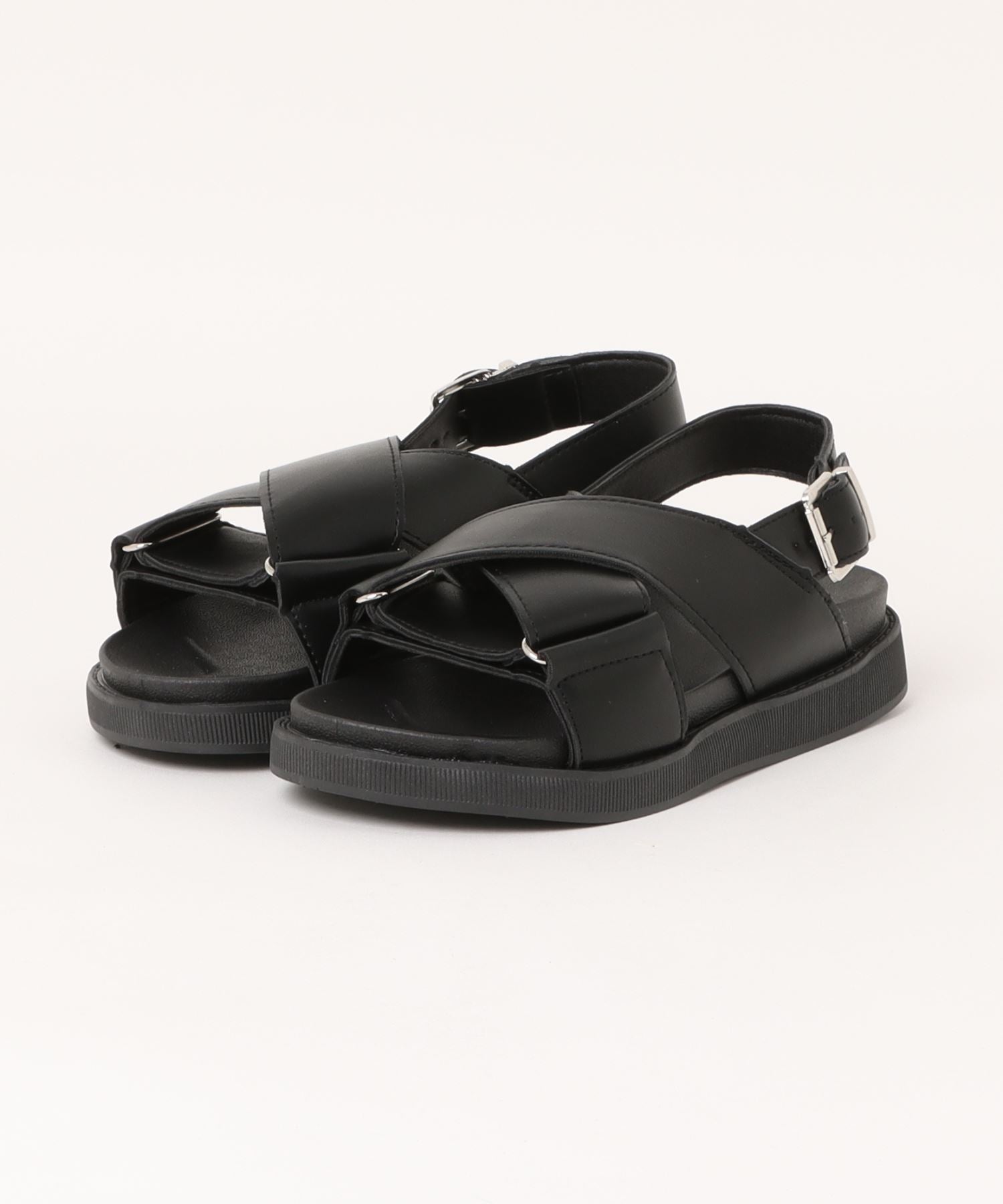 アイモハ aimoha 【shoes365】クロスデザイン バックル付き レザーサンダル （ブラック） ブラック