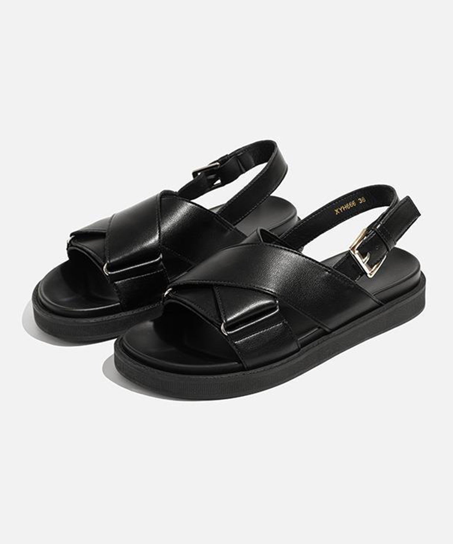 アイモハ aimoha 【shoes365】クロスデザイン バックル付き レザーサンダル （ブラック） ブラック