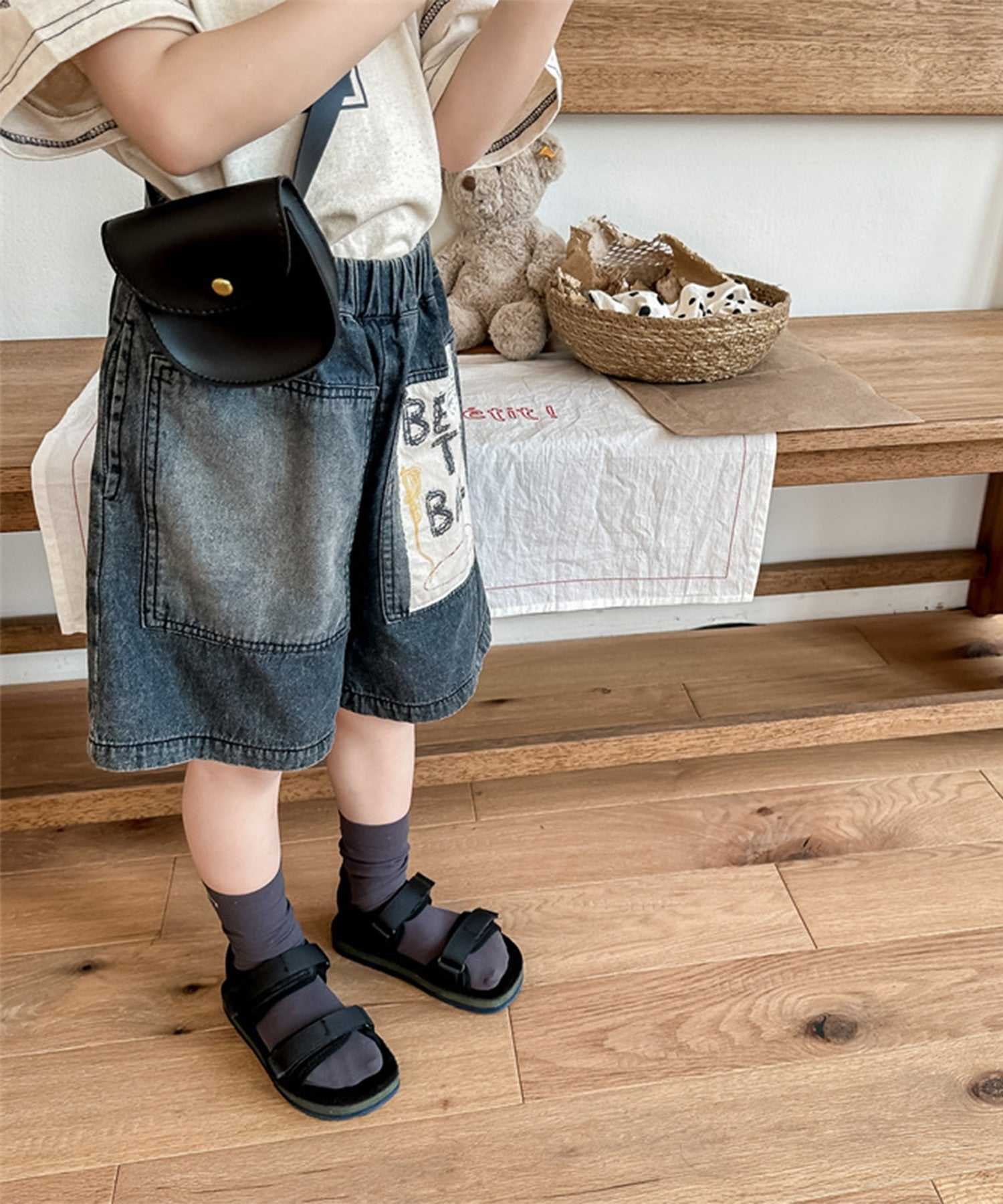 アイモハ aimoha 【aimohaーKIDSー】韓国子供服 パッチ入りデニムハーフパンツ