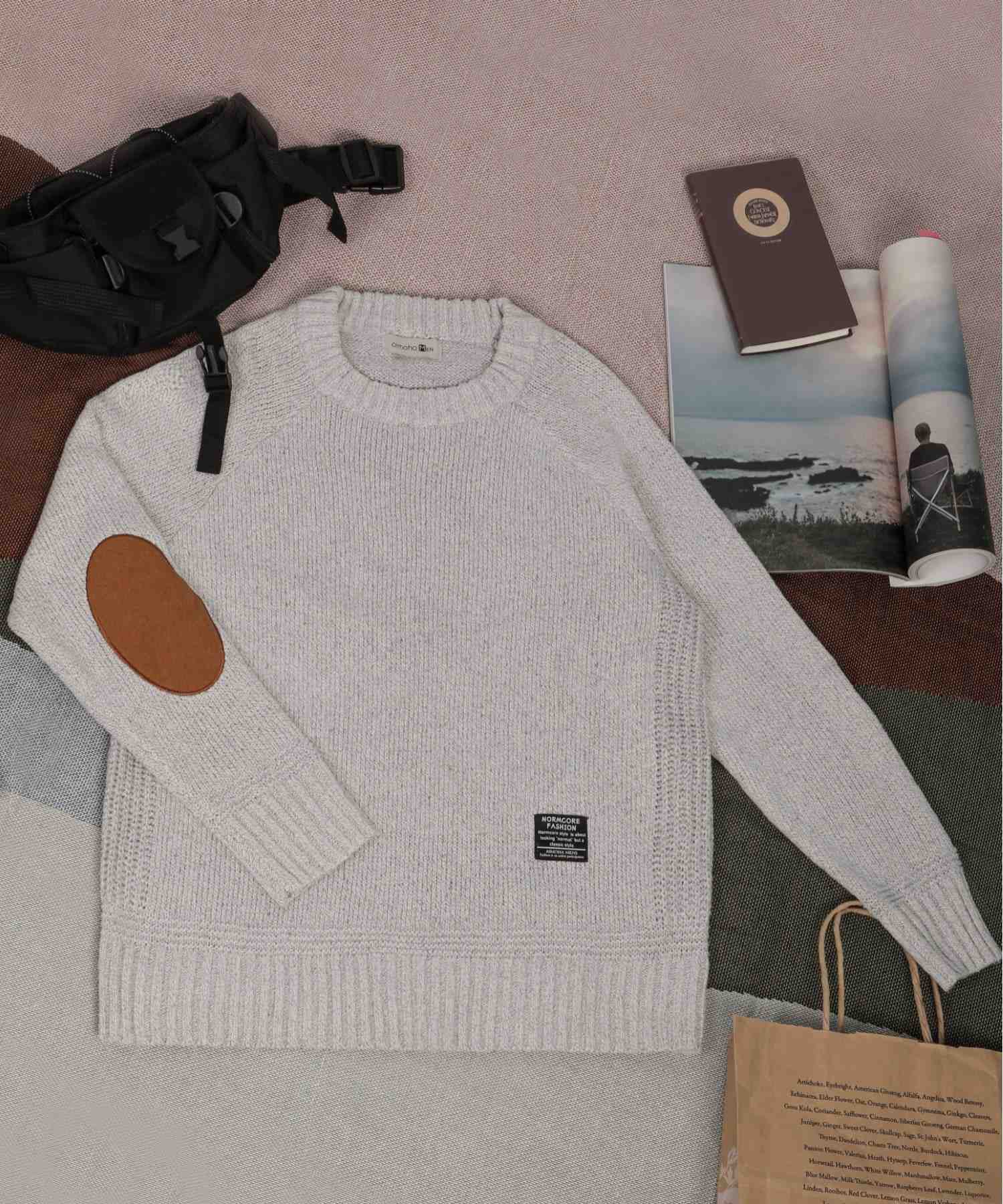 Aimoha Men's Mock Neck Elbow Patch Knit Sweater