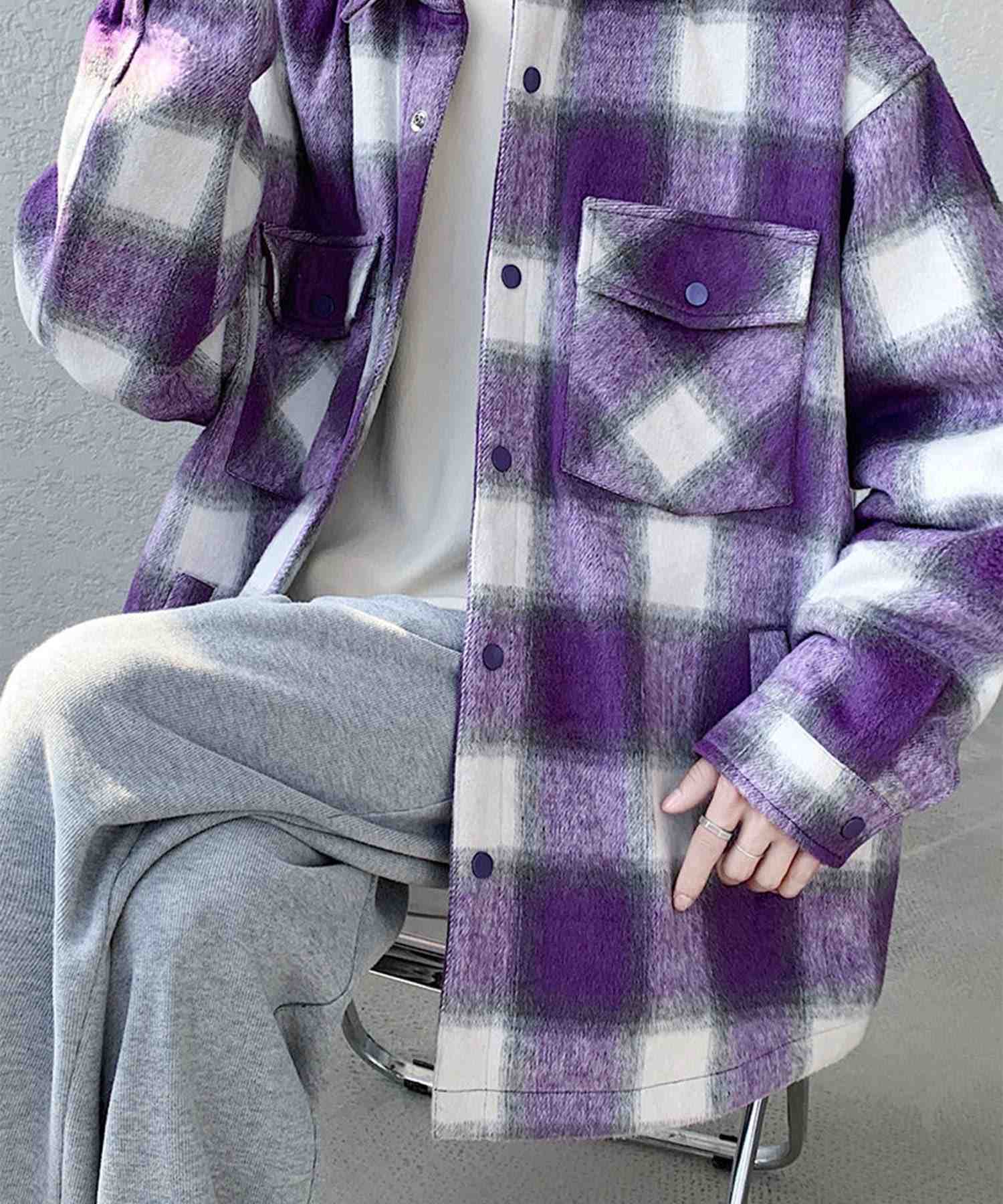 アイモハ aimoha aimoha MEN/チェック柄CPOシャツジャケット/Checked CPO shirt jacket （パープル） パープル