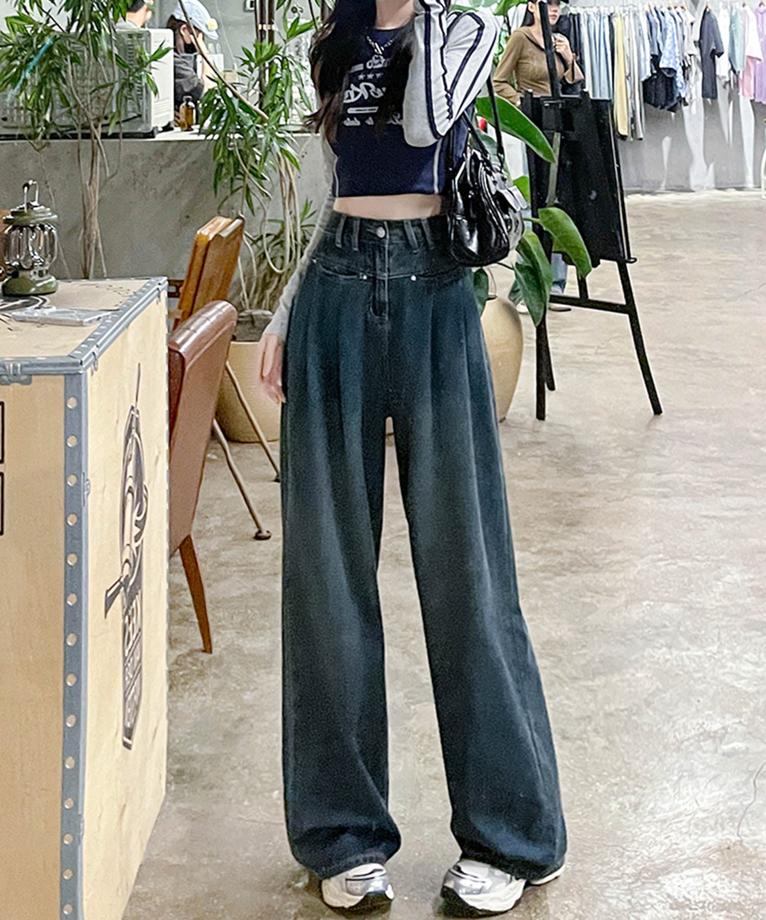 アイモハ aimoha ハイウエストワイドレッグデニムパンツ （ネイビー） ネイビー