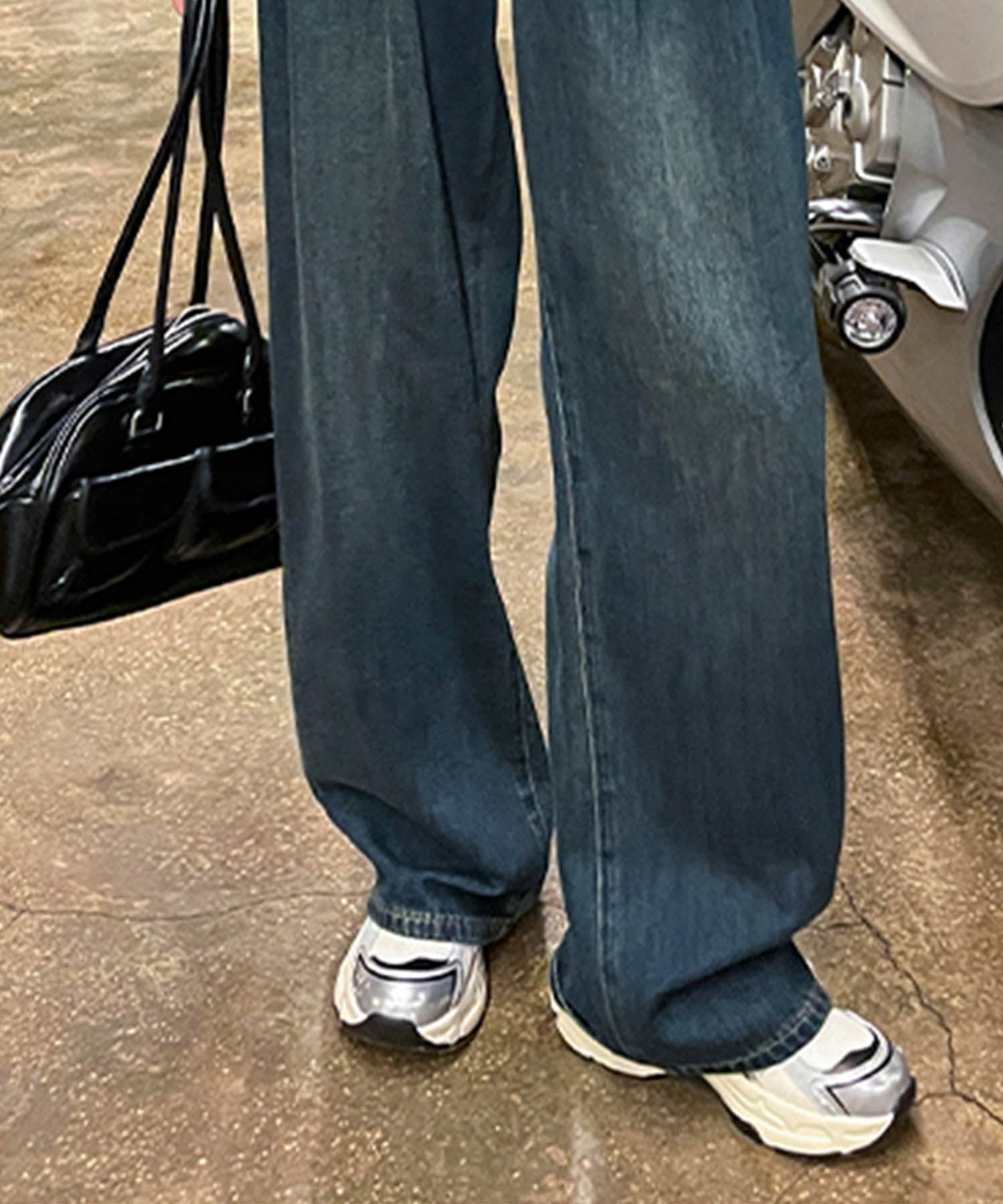 アイモハ aimoha ハイウエストワイドレッグデニムパンツ （ネイビー） ネイビー