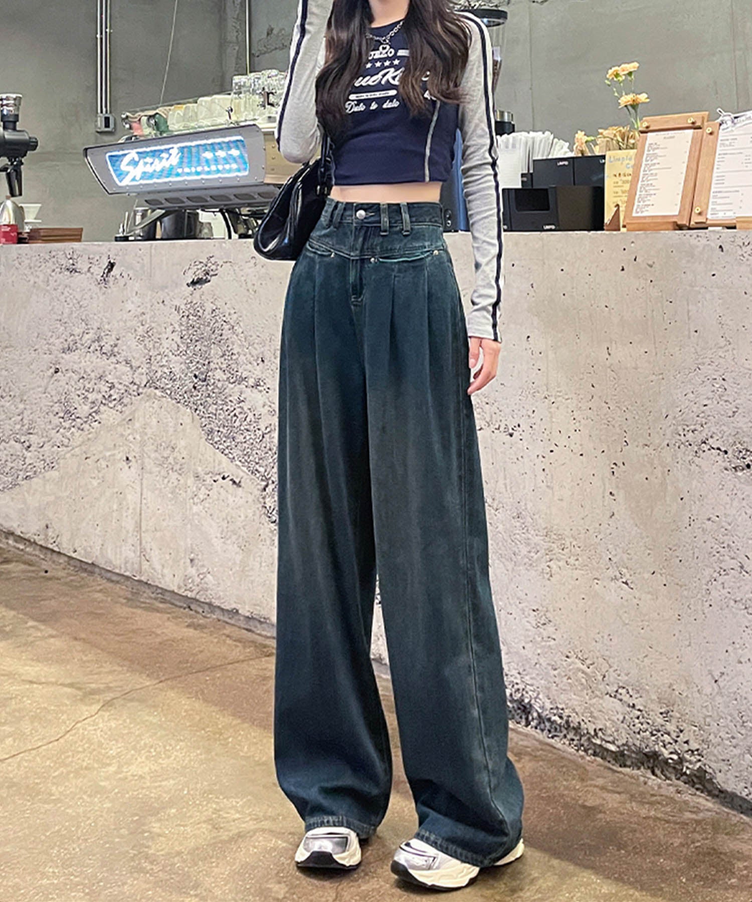 アイモハ aimoha ハイウエストワイドレッグデニムパンツ （ネイビー） ネイビー