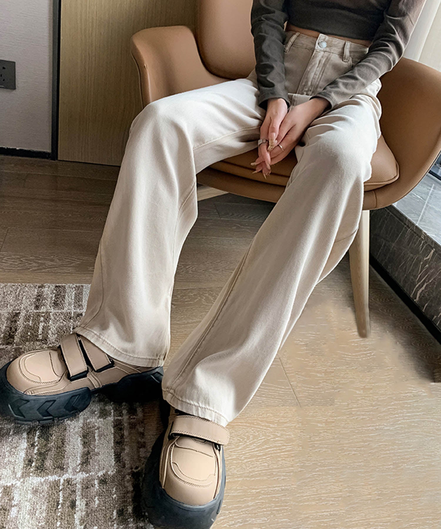 アイモハ aimoha ルーズシルエット・ハイウエストワイドデニムパンツ （ライトベージュ） ライトベージュ