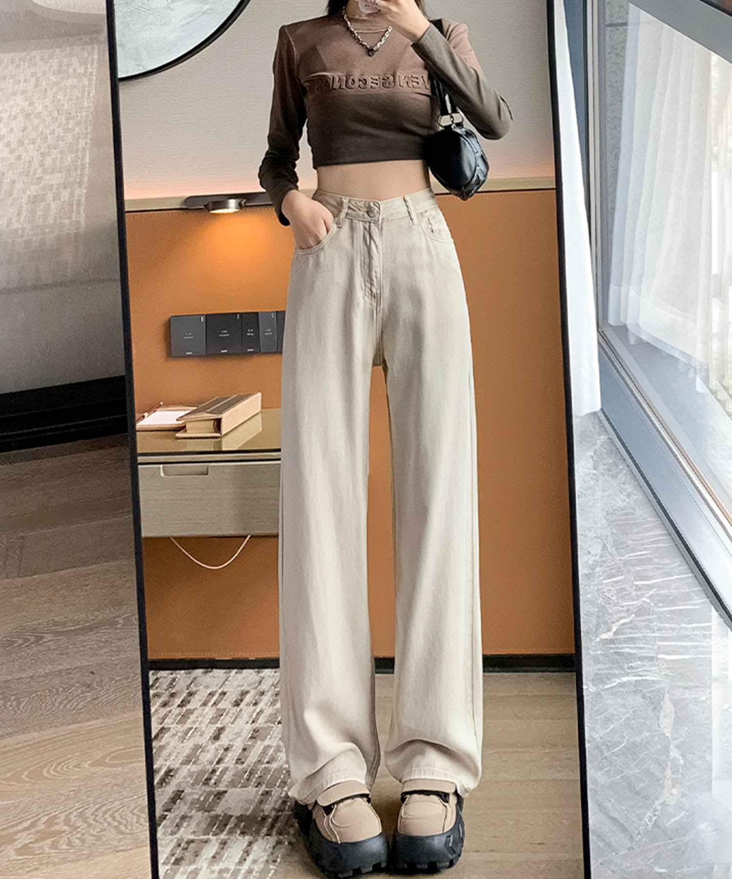 アイモハ aimoha ルーズシルエット・ハイウエストワイドデニムパンツ （ライトベージュ） ライトベージュ