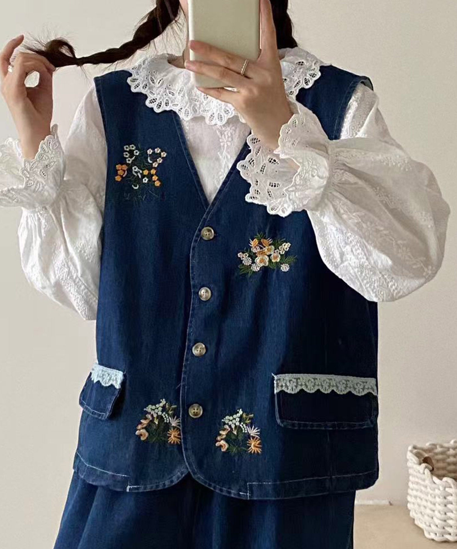 アイモハ aimoha 刺繍デニムベスト （ネイビー） ネイビー