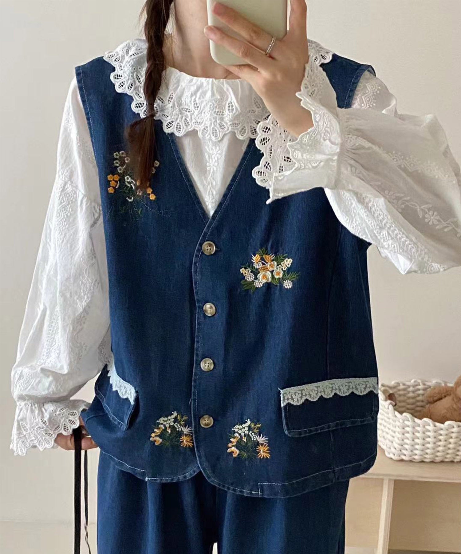 アイモハ aimoha 刺繍デニムベスト （ネイビー） ネイビー