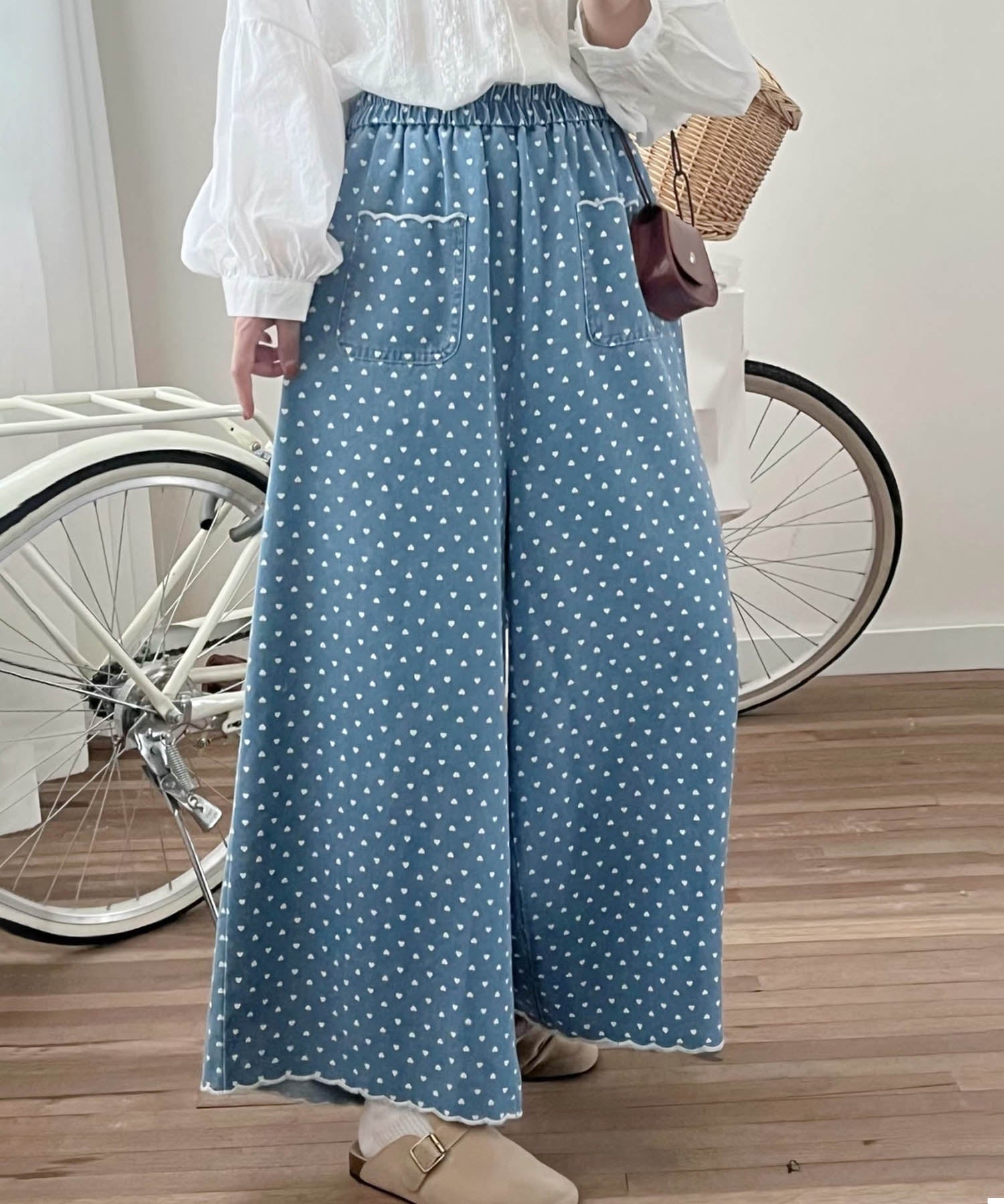 アイモハ aimoha ドット柄ハイウエストワイドパンツ （ライトブルー） ライトブルー